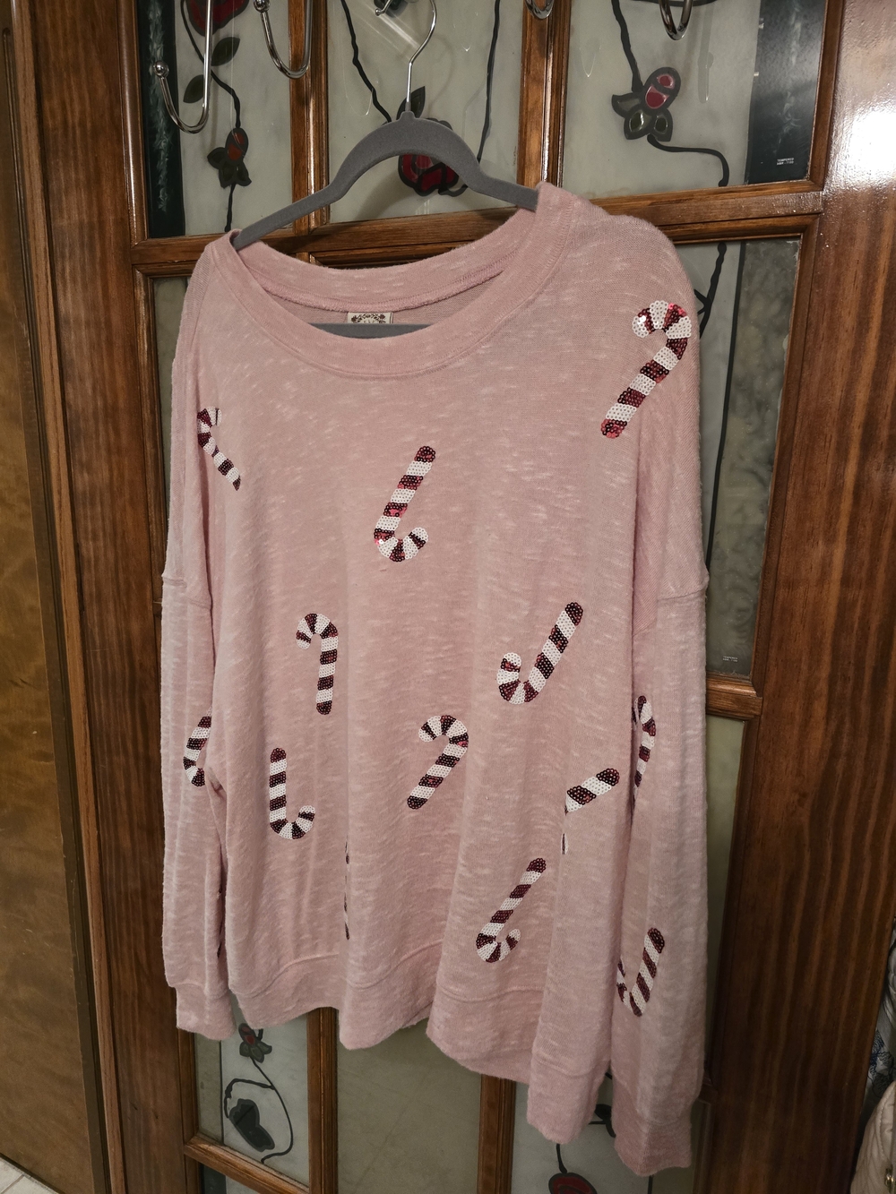 Women's Dusty Pink Candy Cane Sequin Pullover Sweater
